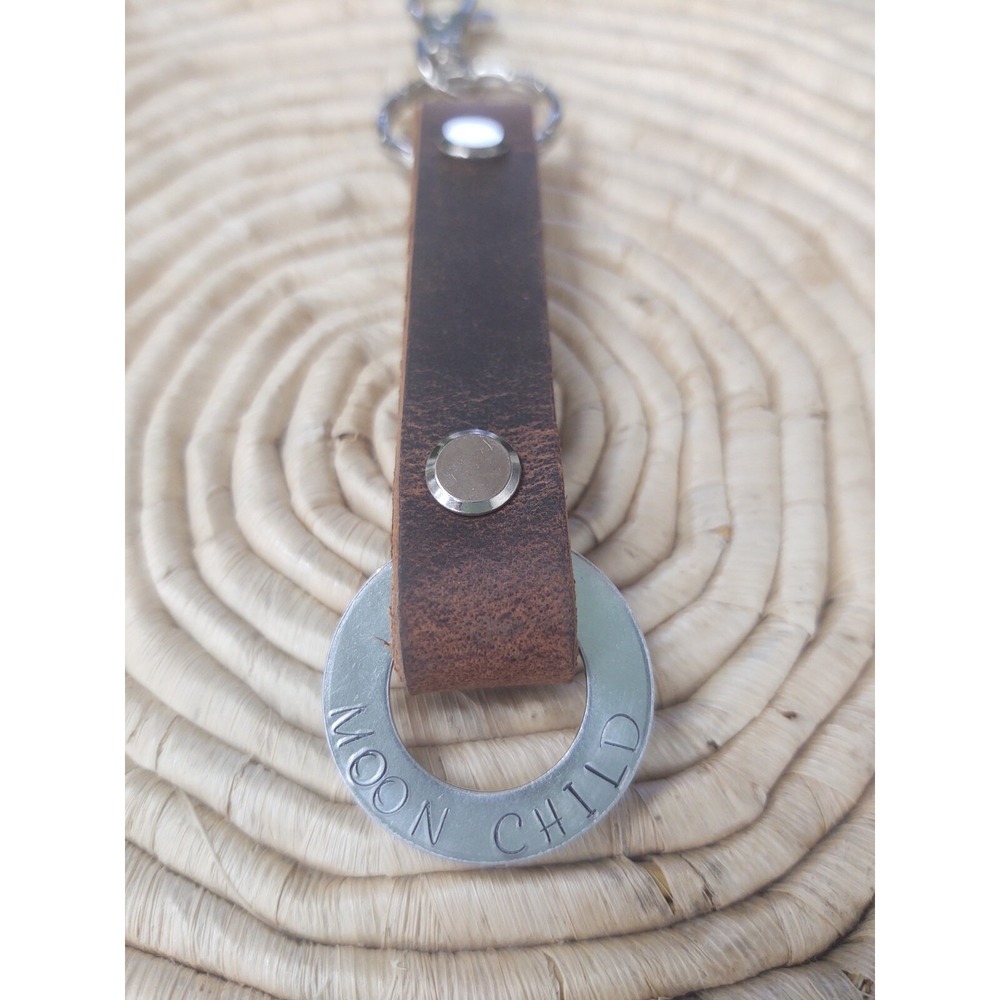 "MOON CHILD" Leather Keychain Key Fob Hooks on Belt Loop Hand Stamped Message - Picture 4 of 10